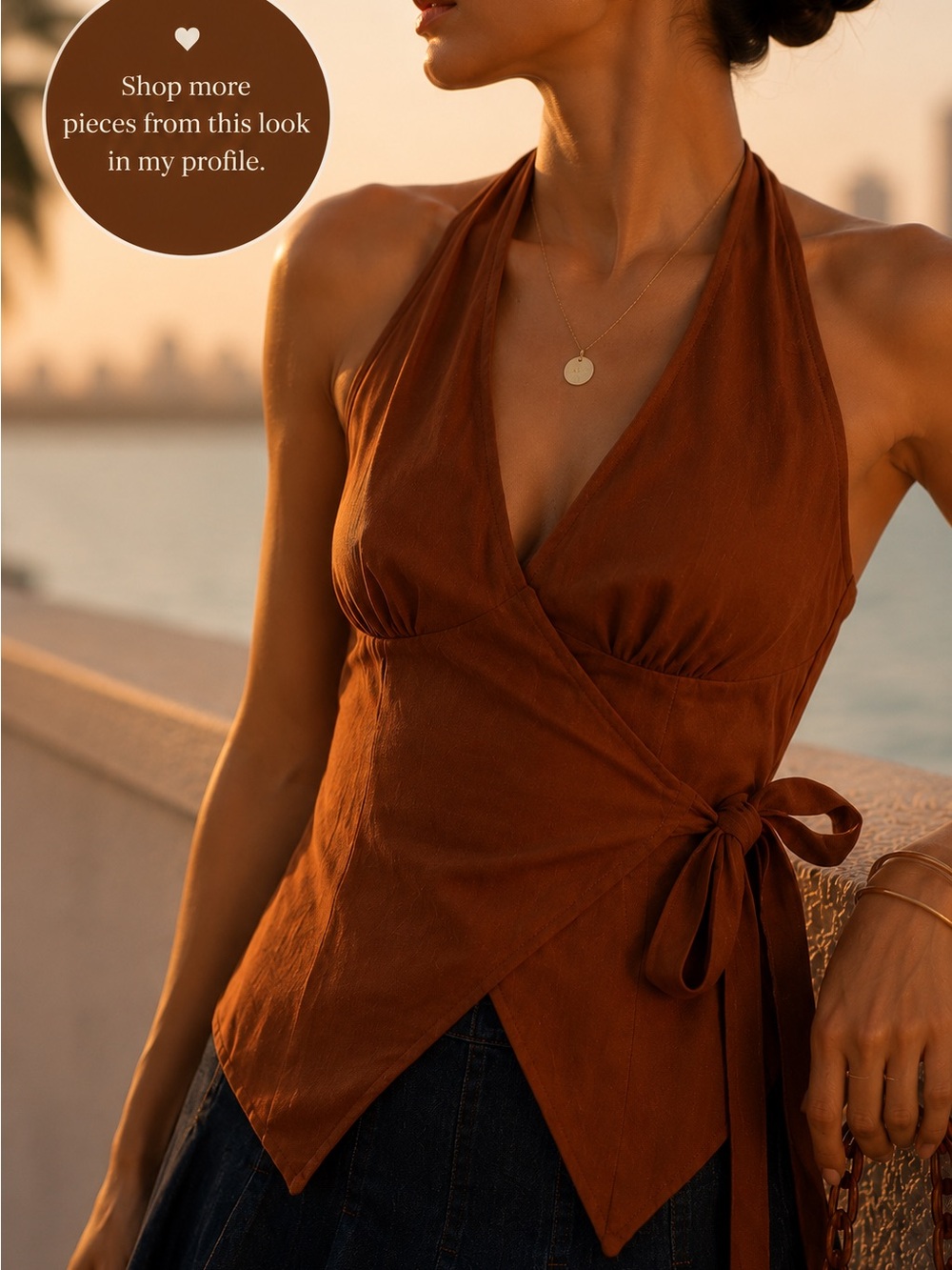 Sleeveless Wrap Halter Top in Rust Brown
